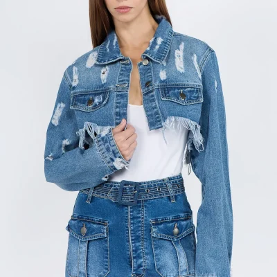 Distressed Denim Jacket With Frayed Hem - Blue