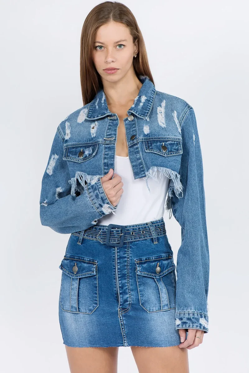 Distressed Denim Jacket With Frayed Hem - Blue