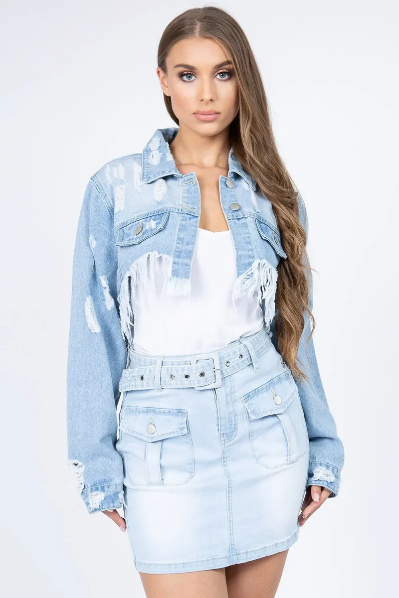 Distressed Denim Jacket With Frayed Hem - Lt Blue