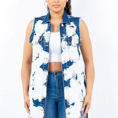 Distressed Frayed Edge Longline Denim Vest - Ice Blue