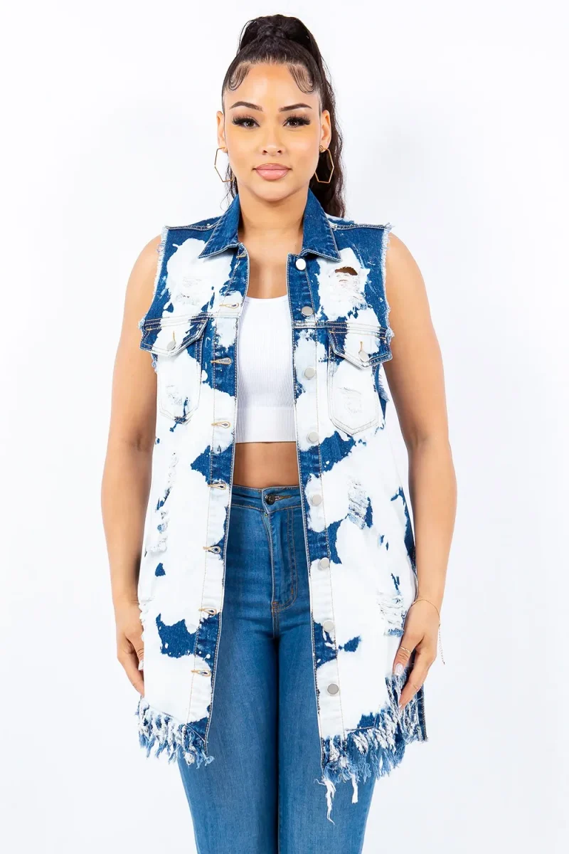 Distressed Frayed Edge Longline Denim Vest - Ice Blue