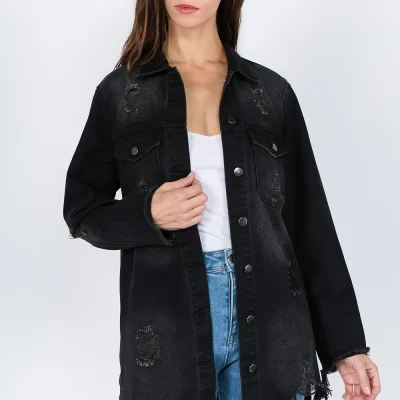 Distressed Frayed Hem Denim Jacket - Black