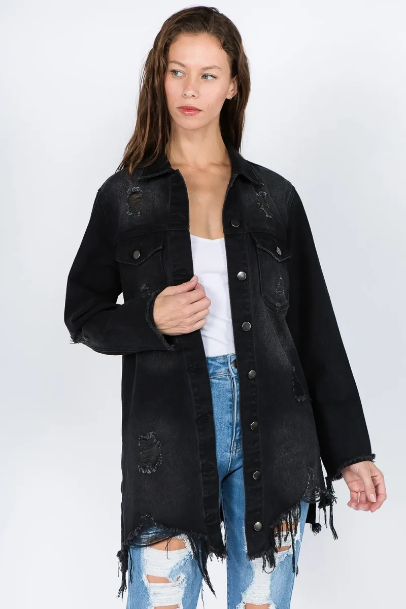 Distressed Frayed Hem Denim Jacket - Black