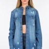 Distressed Frayed Hem Denim Jacket - Blue