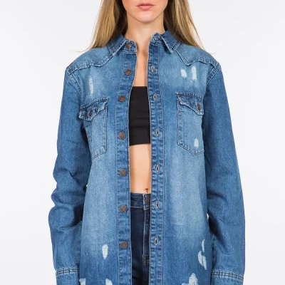 Distressed Frayed Hem Denim Jacket - Blue