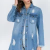 Distressed Frayed Hem Denim Jacket - Blue