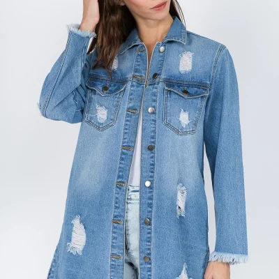 Distressed Frayed Hem Denim Jacket - Blue
