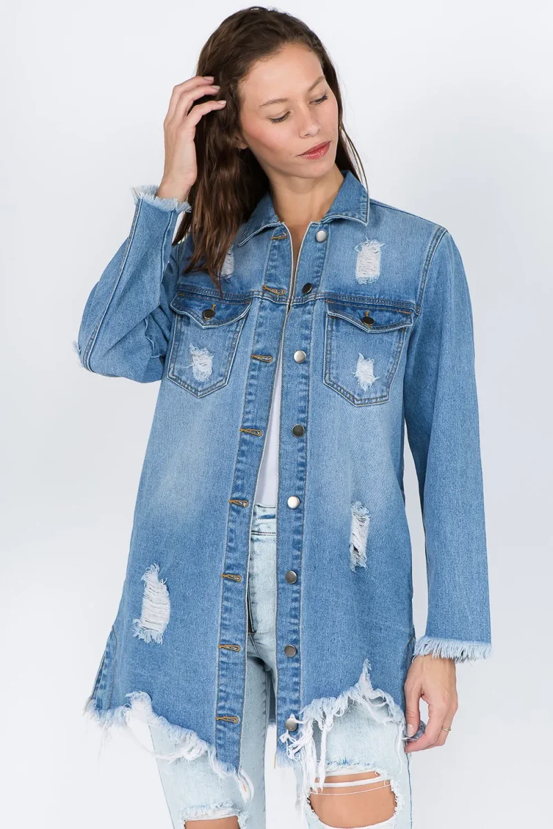 Distressed Frayed Hem Denim Jacket - Blue