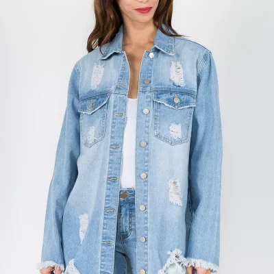 Distressed Frayed Hem Denim Jacket - Lt Blue