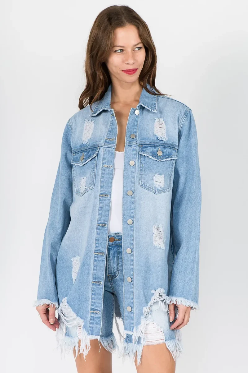 Distressed Frayed Hem Denim Jacket - Lt Blue