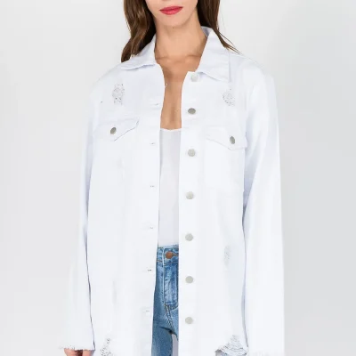 Distressed Frayed Hem Denim Jacket - White