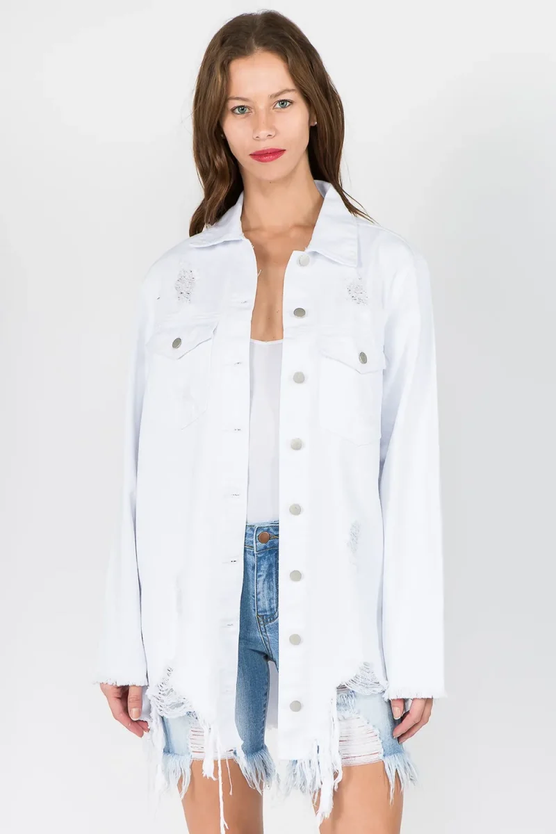 Distressed Frayed Hem Denim Jacket - White