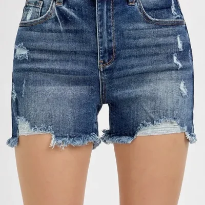 Distressed Raw Hem Denim Shorts - Dark