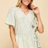 Ditsy Print V-Neck Short Sleeve Wrap Blouse - Sage/Ginger