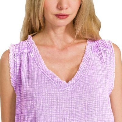 Double Gauze Raw Edge Acid Washed Tank - B Lavender
