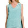 Double Gauze Raw Edge Acid Washed Tank - Dusty Teal