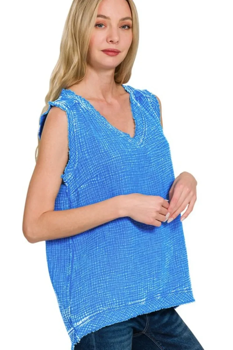 Double Gauze Raw Edge Acid Washed Tank - Ocean Blue
