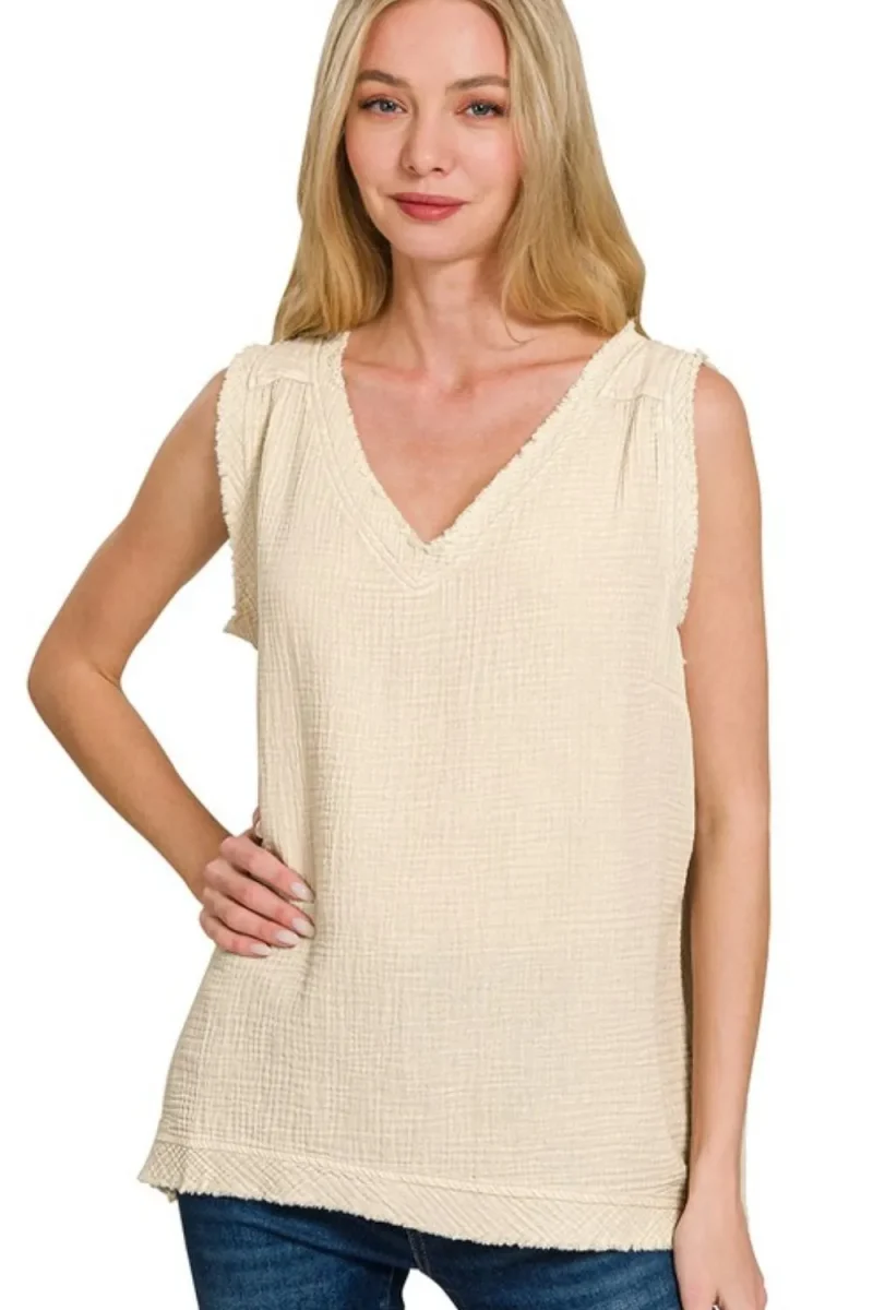 Double Gauze Raw Edge Acid Washed Tank - Sand Beige