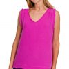 Double Gauze Raw Edge V-Neck Tank - Neon Hot Pink