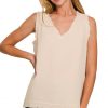Double Gauze Raw Edge V-Neck Tank - Sand Beige