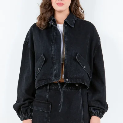 Drawstring Waist Crop Denim Jacket - Black