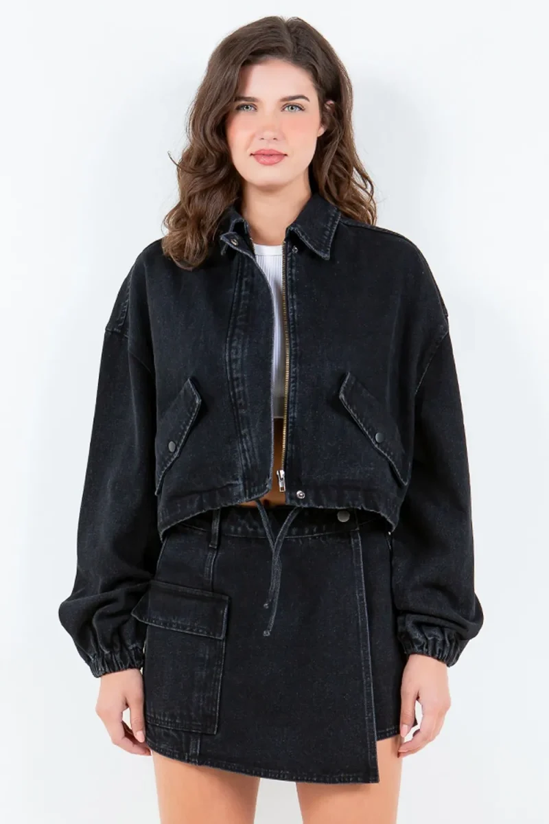 Drawstring Waist Crop Denim Jacket - Black