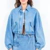 Drawstring Waist Crop Denim Jacket - Blue