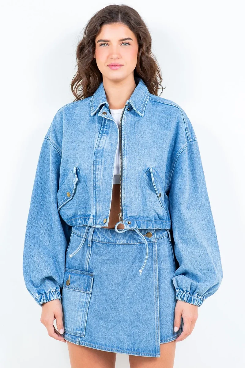 Drawstring Waist Crop Denim Jacket - Blue