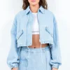 Drawstring Waist Crop Denim Jacket - Lt Blue