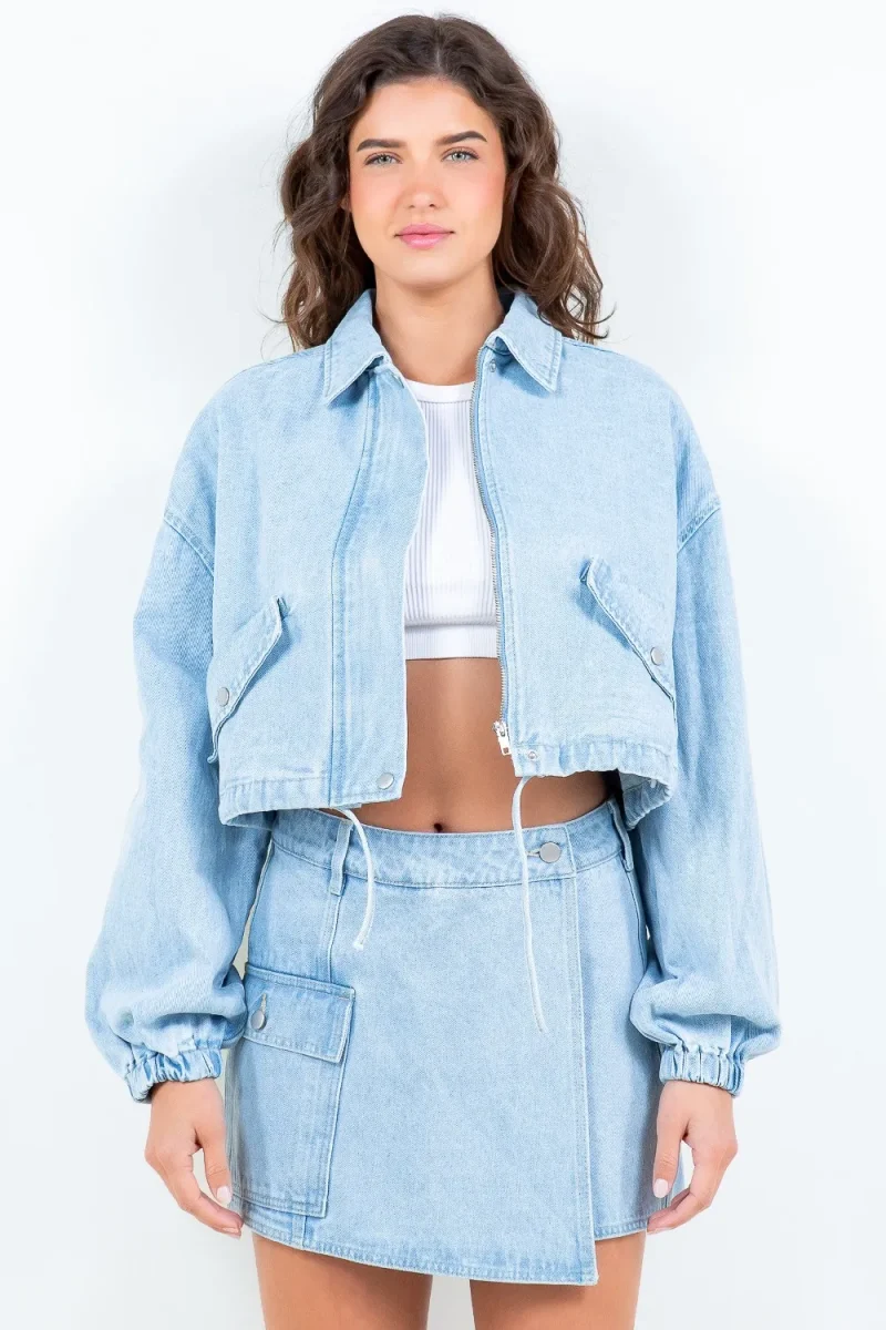 Drawstring Waist Crop Denim Jacket - Lt Blue