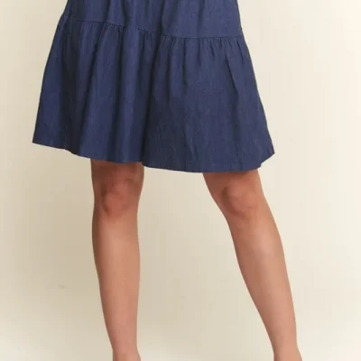 Elastic Waist Wide Leg Denim Shorts - Dark Navy