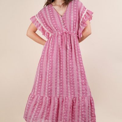 Embroidered Boho Ruffled Midi Dress - Fuchsia