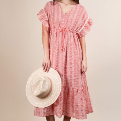 Embroidered Boho Ruffled Midi Dress - Peach
