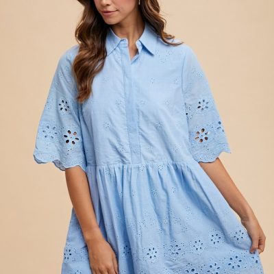 Embroidered Scallop Edge Detail Mini Shirt Dress - Sky