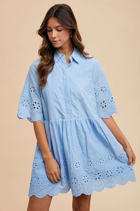 Embroidered-Scallop-Edge-Detail-Mini-Shirt-Dress-Sky Embroidered Scallop Edge Detail Mini Shirt Dress - Sky