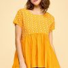 Embroidered Short Sleeve Pleated Babydoll Top - Orange