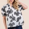 Embroidered Split Neck Puff Sleeve Blouse - Ivory/Black