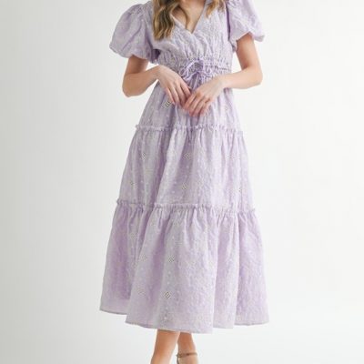 Eyelet Lace Puff Sleeve V Neck Midi Dress - Lavender
