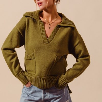 Flap Collar Sweater Pullover Top with Patch Pocket - Lt Olive
