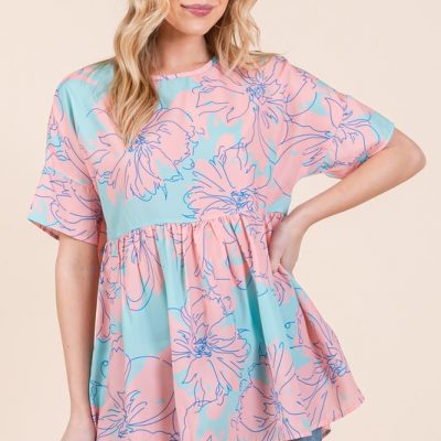 Floral Babydoll Tunic Top - Aqua
