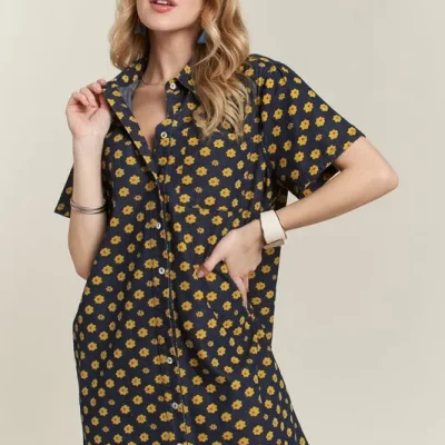 Floral Button-Up Mini Denim Dress - Dark