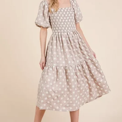 Floral Embroidered Smocked Puff Sleeve Tiered Midi Dress - Dust Storm
