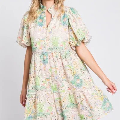 Floral Eyelet Lace Puff Sleeve Mini Dress - Green Multicolor