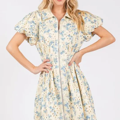 Floral Eyelet Zipper Front Puff Sleeve Mini Dress -  Pastel  Blue