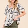 Floral Print Lace Trim Puff Sleeve Blouse - Black Combo