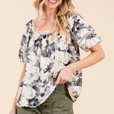 Floral Print Lace Trim Puff Sleeve Blouse - Black Combo