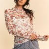 Floral Print Mesh Long Sleeve Layering Top - White/Orange Floral