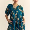 Floral Print Short Bell Sleeve Pleated Mini Dress - Teal Blue