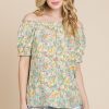 Floral Print Short Sleeve Off-The-Shoulder Blouse - Mint Combo