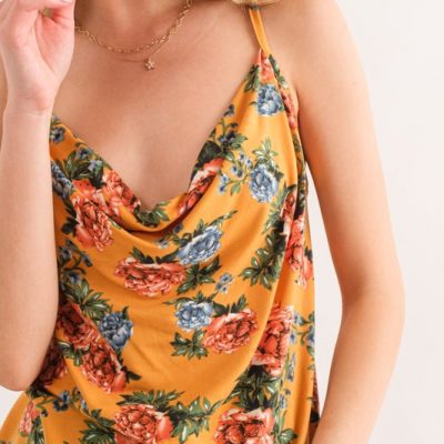 Floral Printed Casual Tank Top - Mustard